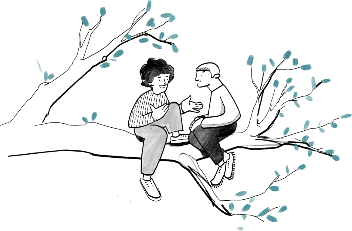 Two people sitting on a tree branch, deep in conversation