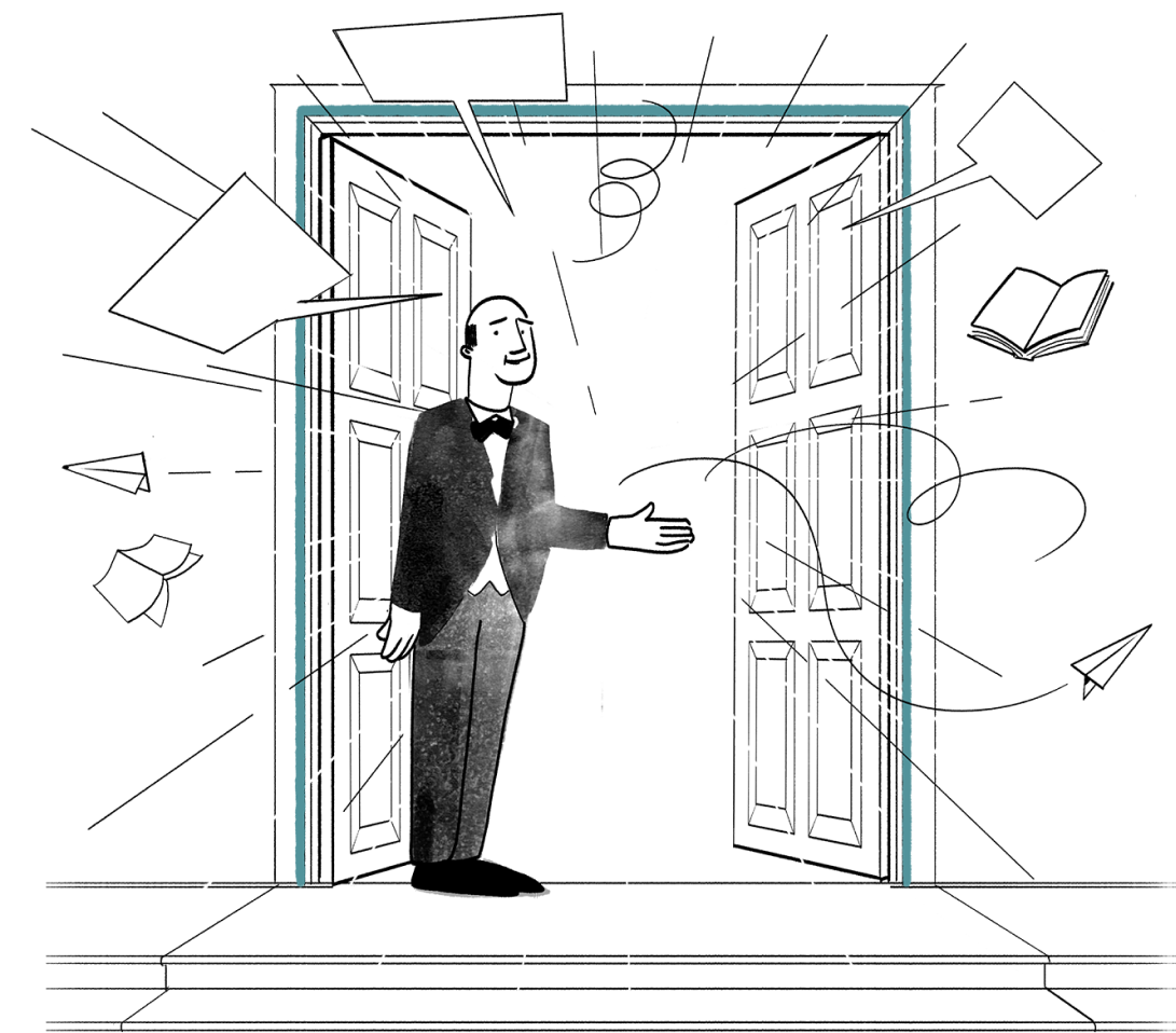 Prescott the doorman holding the doors open, letters and paper planes flying past
