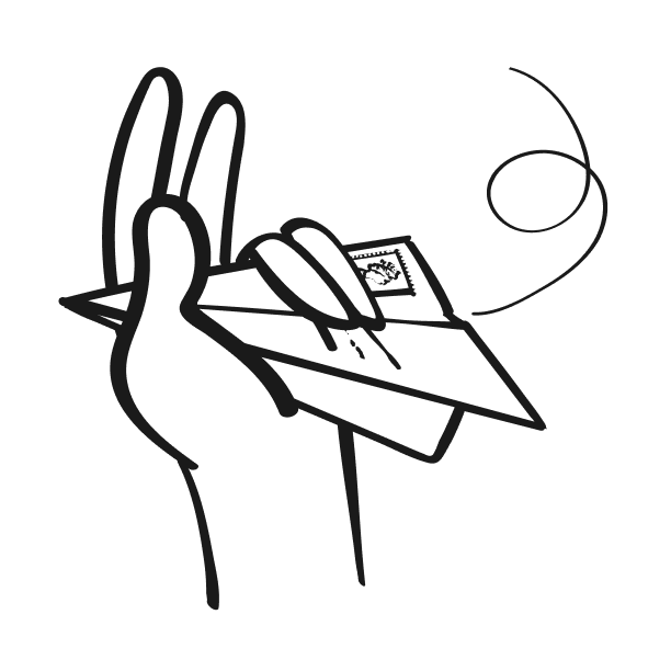 A hand holding a stamped paper plane